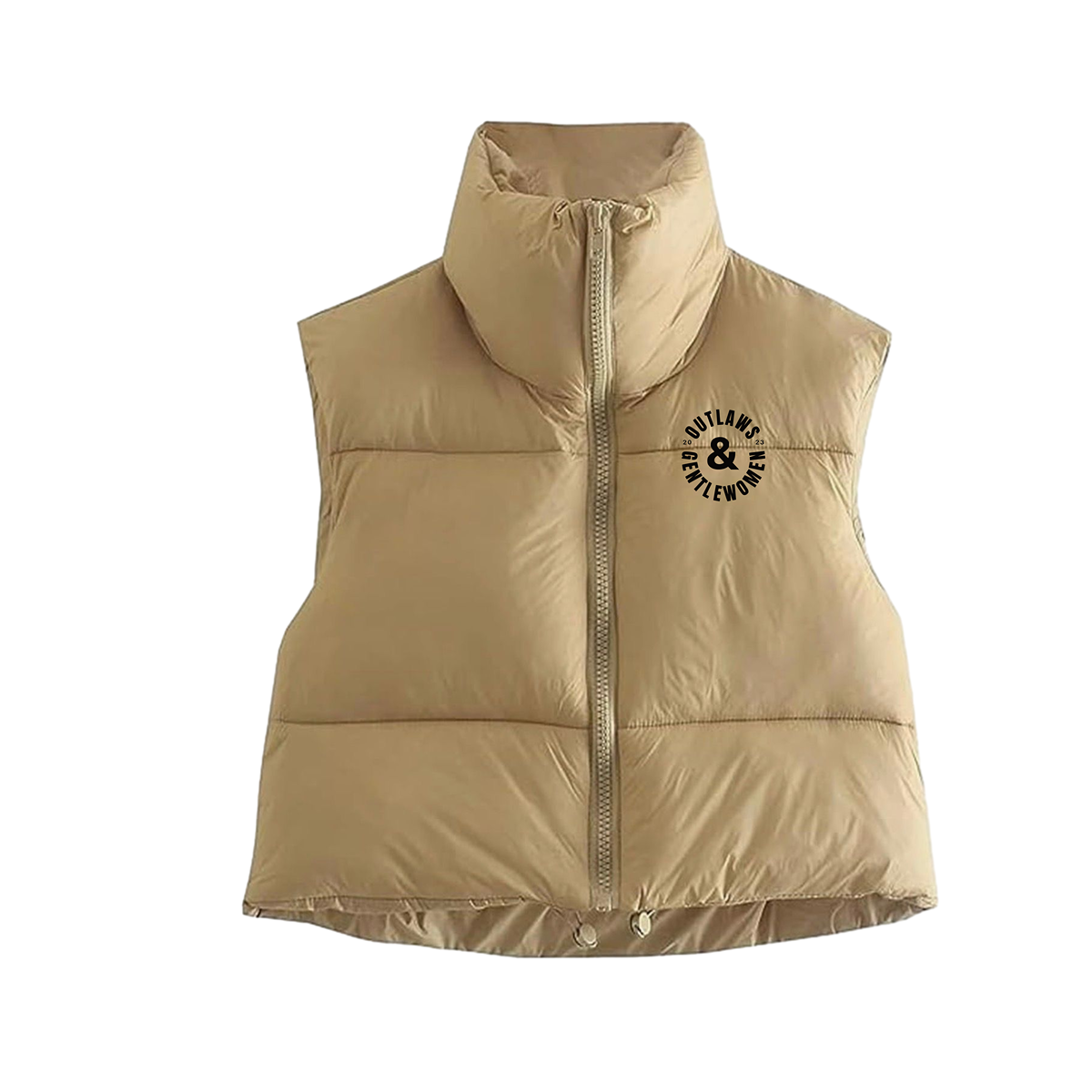 Beige puffer vest with a brand logo on a white background