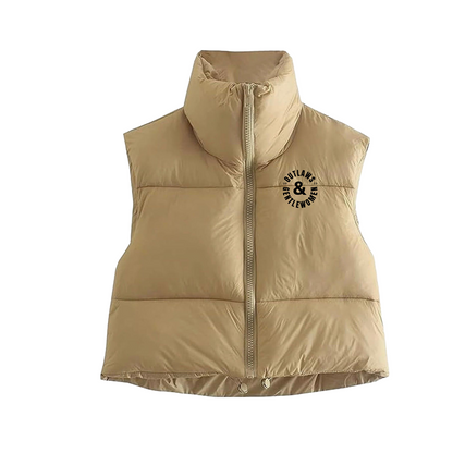 Beige puffer vest with a brand logo on a white background