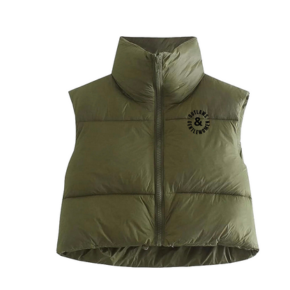 Green puffer vest with a brand logo on a white background