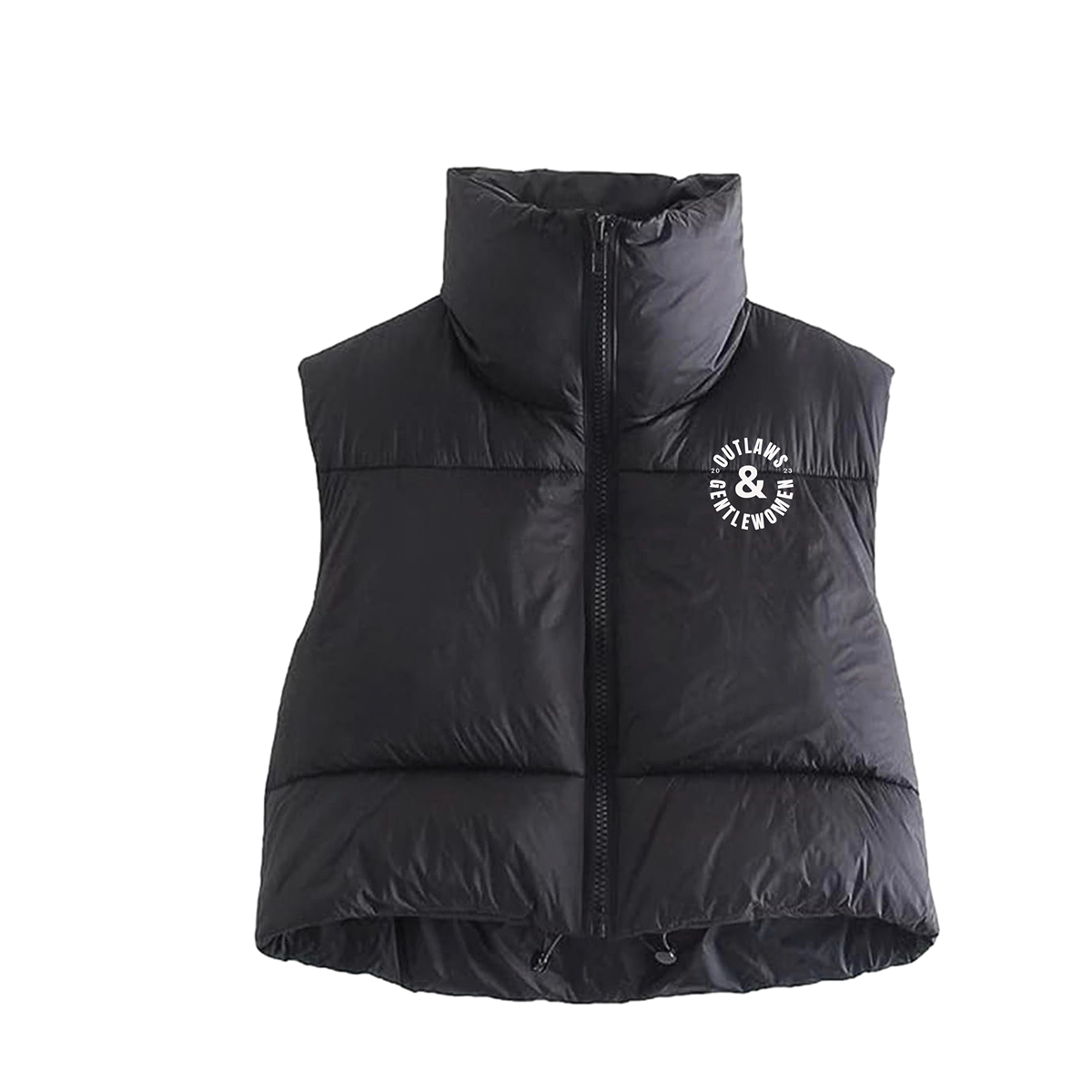 Black puffer vest with a logo on a white background